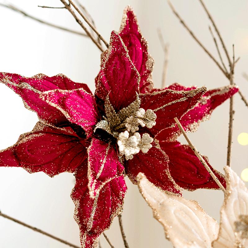1PC Poinsettia Flower Decorative Home Decor Realistic Christmas Beautiful Shimmering Powder Glitter