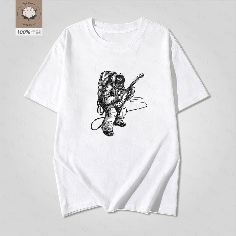 Space Astronaut Guitar Print Short Sleeve Unisex Retro Rock Style Loose Fit Pure Cotton Tshirt Streetwear