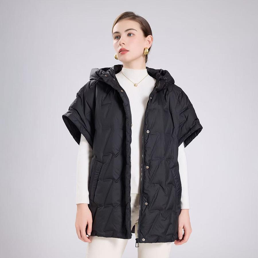 Autumn and winter new fashion hooded bat sleeves loose warm pressed glue white duck down vest side deduction