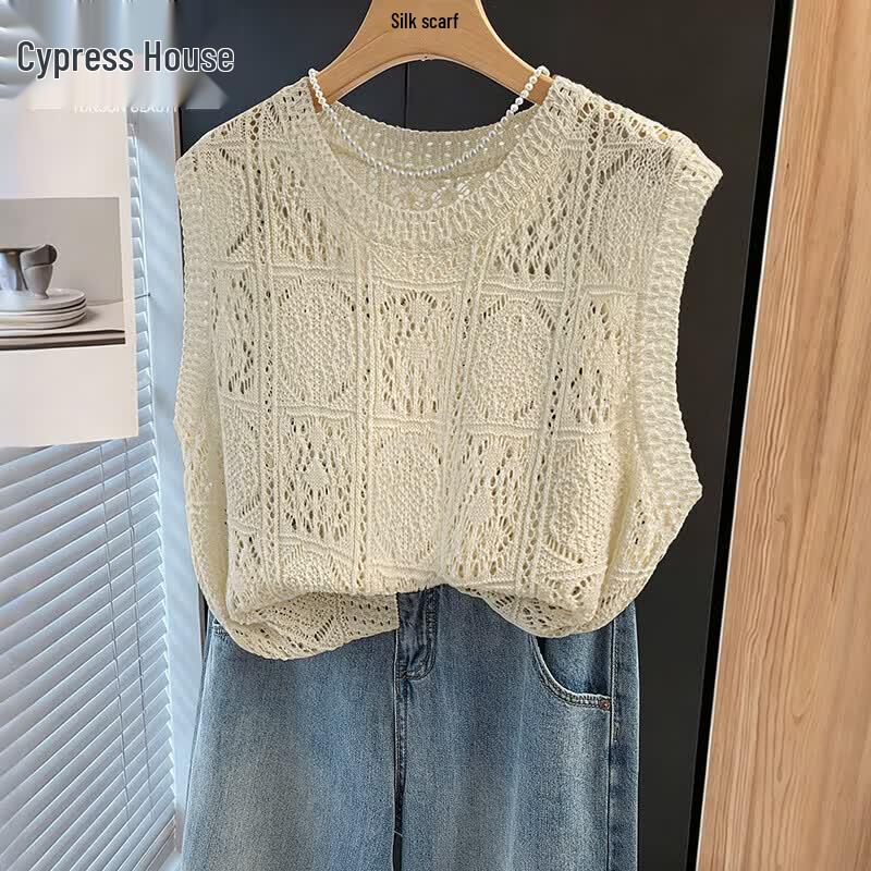 Women s Hollow-Out Knit Round Neck Vest One Size