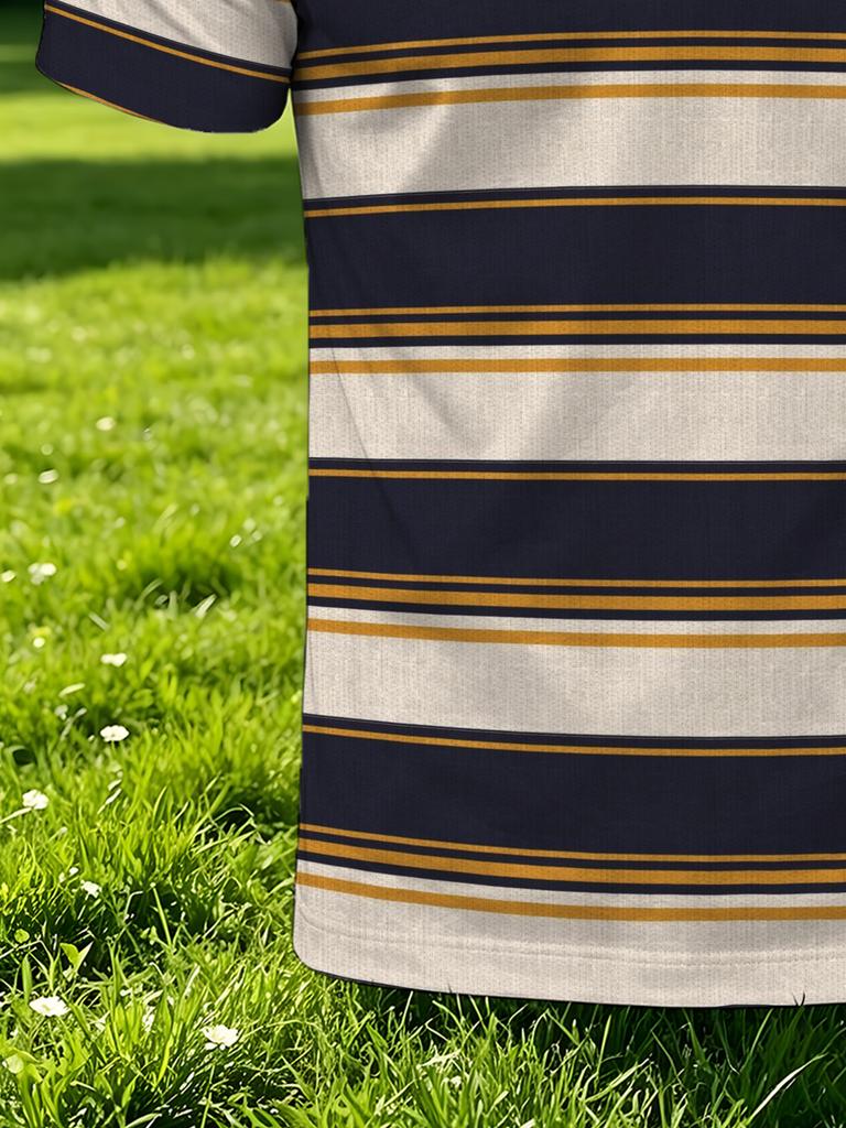 Men's Outdoor Polo Shirt, Available in Multiple Sizes. Men's Short-sleeve Polo with Navy, Yellow, and White Contrasting Horizontal Stripe Print, White