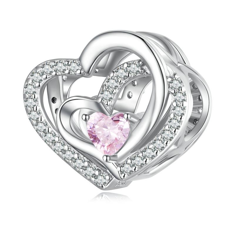 WOSTU 925 Silver Pink Heart Charms Lover Couple Wedding Pendant Opal Beads Fit for Bracelet DIY Valentine Gift