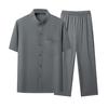 2Pcs/Set Men Suit Stand Collar Short Sleeve Single Breasted Shirt Elastic Waist Long Pants Set Solid Color Loose Fit Leisure Outfit