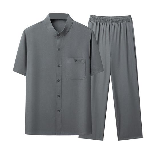 2Pcs/Set Men Suit Stand Collar Short Sleeve Single Breasted Shirt Elastic Waist Long Pants Set Solid Color Loose Fit Leisure Outfit