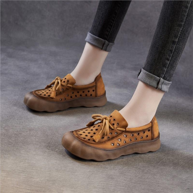 Johnature Retro Hollow-out Breathable Genuine Leather Shoes With Soft Soled Women's Slip-on Shoes