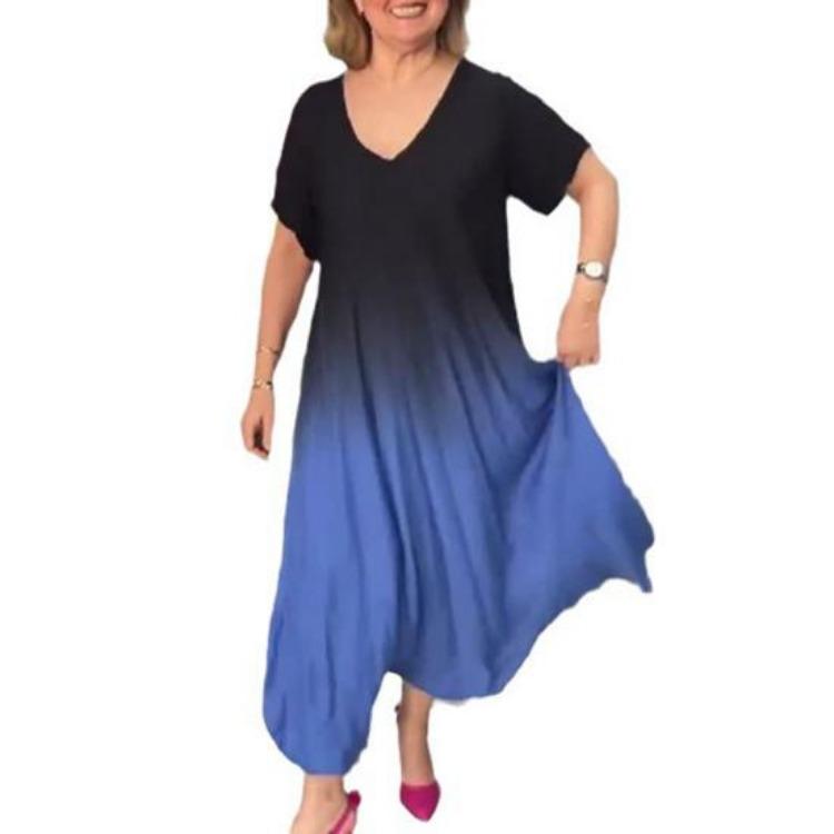 Summer Plus Size Gradient Maxi Dress for Women Loose Long V-neck Short Sleeve A-line Flowy Casual Dress