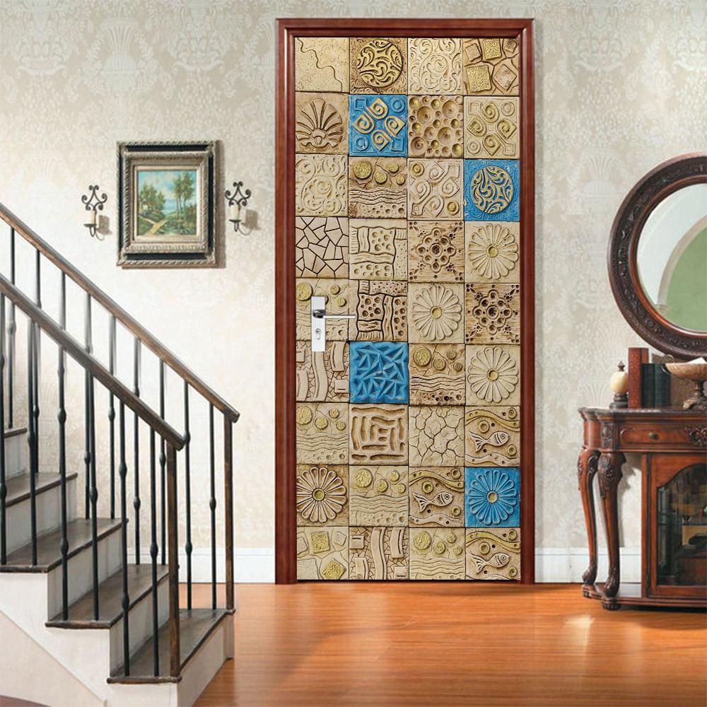 3D Door Mural Sticker Peel and Stick Door Wallpaper Golden Buddha Castle Moon Mermaid Flower Home Decor Removable