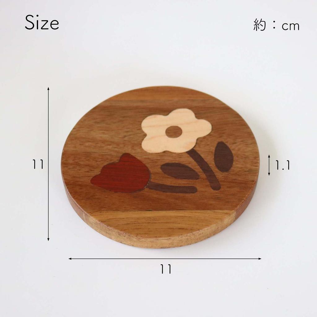 Wakacho Marquetry Small Flower Natural 11 x 11 x Coaster, Coaster, Pattern, Round, Wood, Approx. 1.1 cm, Brown, DZ-61