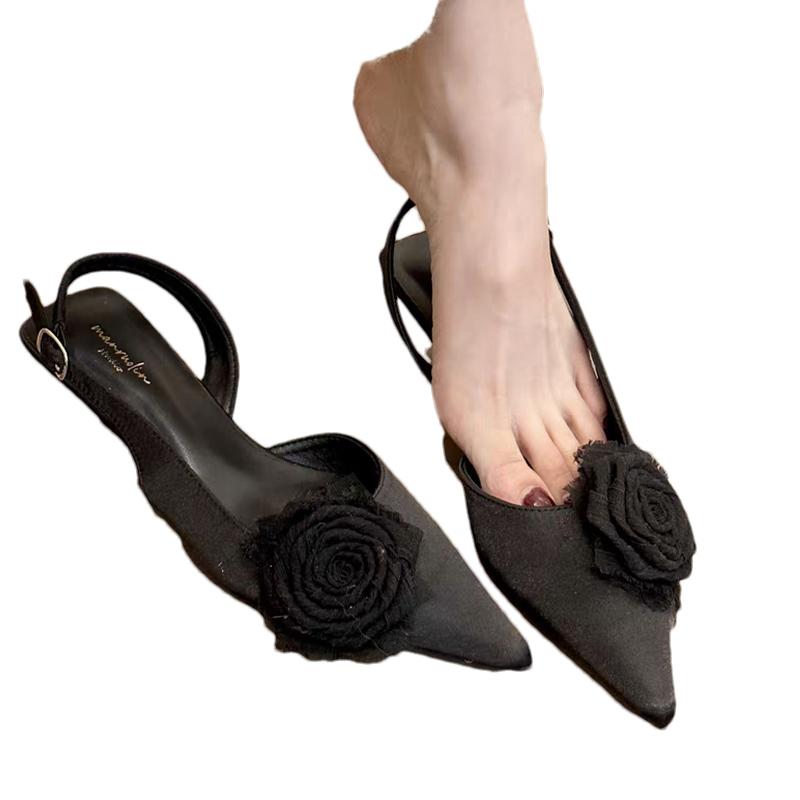 Fashion Flower Women Heeled Sandals Pointed Toe Shallow Mid Heels Shoes Elegant Buckle Pumps 2025 Summer Slingback Sandalias De Mujer