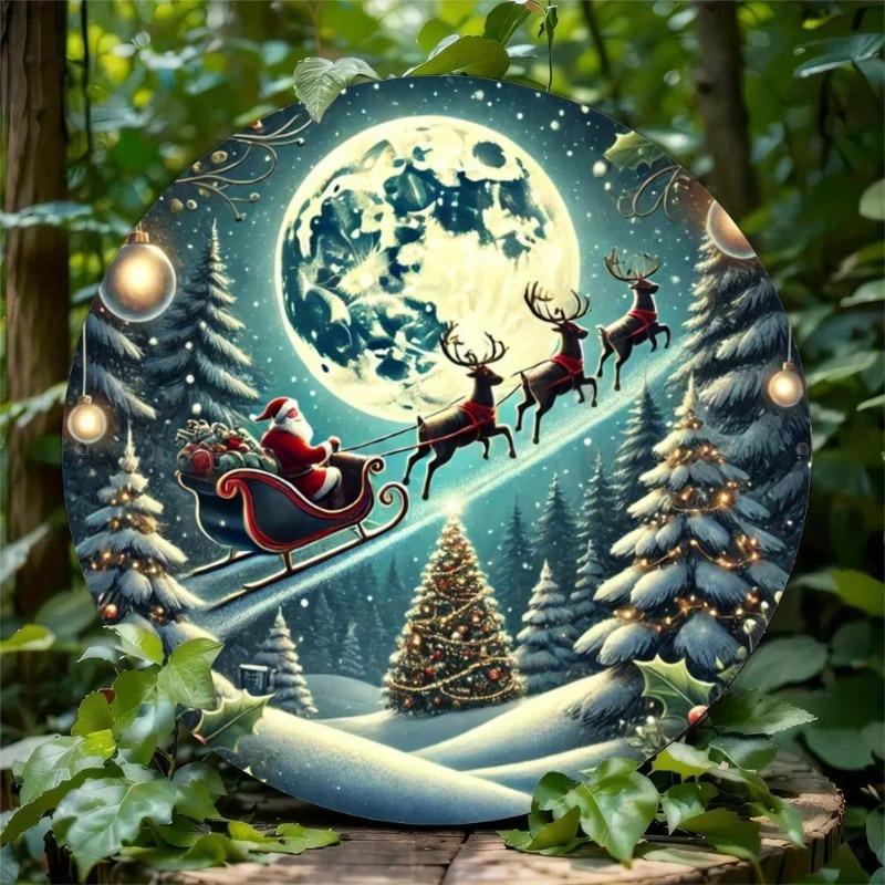 Vintage Santa Sleigh Iron Wall Art Round Metal Decor Panel