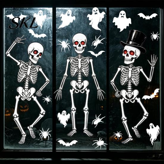 Wear-resistant Glass Cling 3Pcs Halloween Skeleton Stickers, Waterproof PVC Window Clings, Static Decals, Durable Removable Stickers for Home
