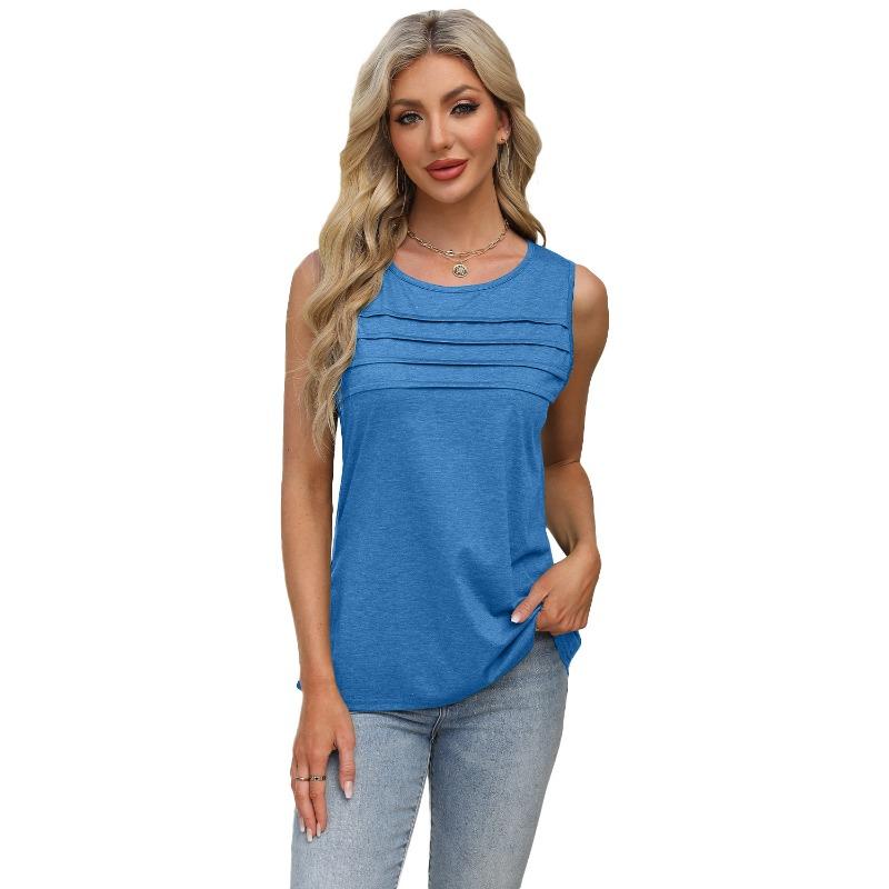 Women's New Spring/summer Solid Colour U-neck Pleated Vest T-shirt