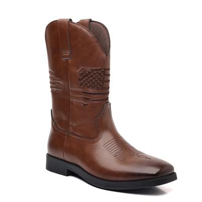 2024 Braune Bestickte Cowboy-Stiefel Kunstlederschuhe Retro Herren Amerika Ethno-Stiefel Motorradstiefel Plus 48 Stiefeletten Herren