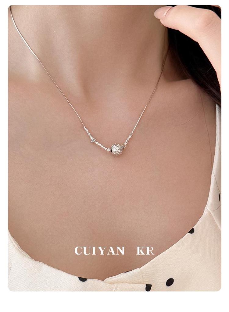Cui Yan S925 Sterling Silver Korean-Style Carved Bead Necklace for Women - Simple, Everyday Choker.