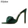 Fashion Eilyken Silk Butterfly-knot Slippers Women Sandals Pointed toe High Heels Mule Slides Party Shoes Zapatillas De Mujer