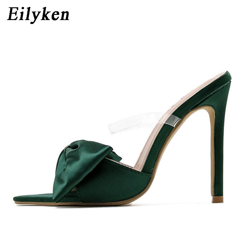 Fashion Eilyken Silk Butterfly-knot Slippers Women Sandals Pointed toe High Heels Mule Slides Party Shoes Zapatillas De Mujer