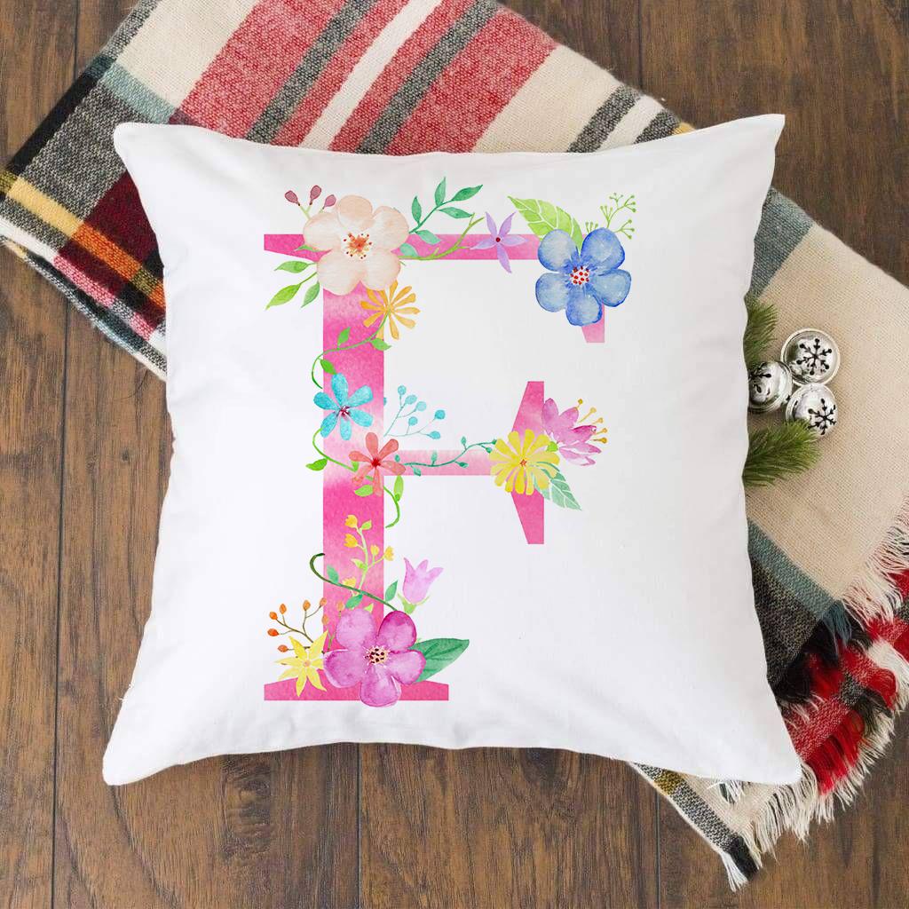 Pink Alphabet Flower Printed Cushion Cover Pillowcase English Letter A-Z Home Decorative Sofa Bed Backrest Pillow Cover 45*45cm
