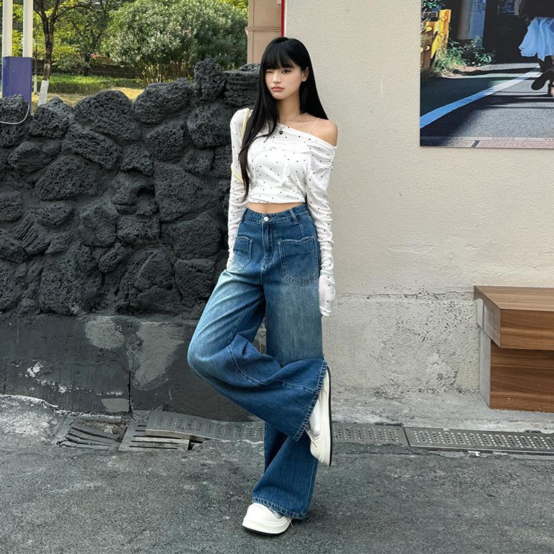 Blue A-shaped wide-leg pants women's loose jeans autumn new high-waisted and thin straight mopping pants tide