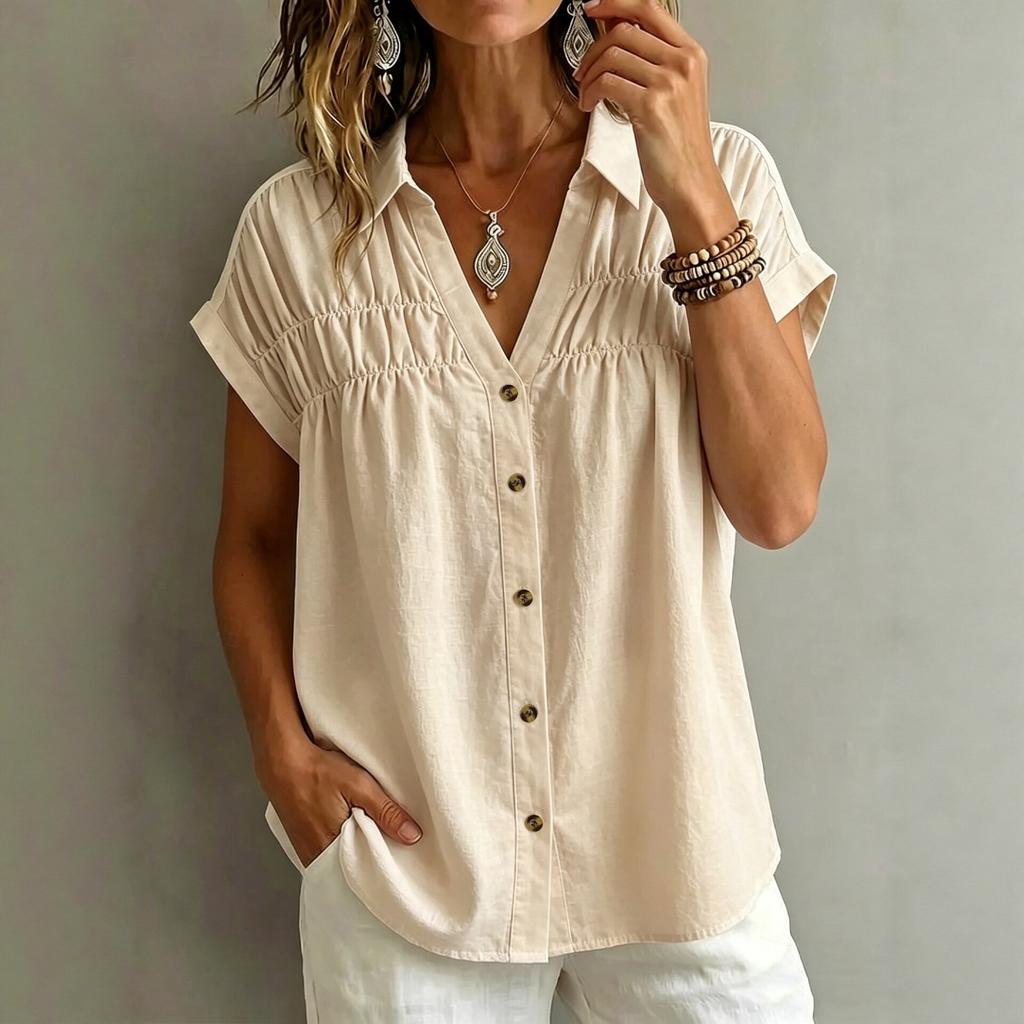 Women's V Neck Loose Slimming Button Down Pleated Blouse Casual Shirt Top