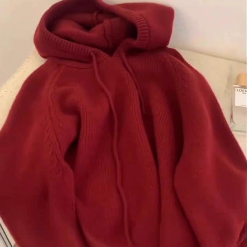 Women's 100% Pure Wool Hooded Knit Sweater - Solid Color Loose Pullover