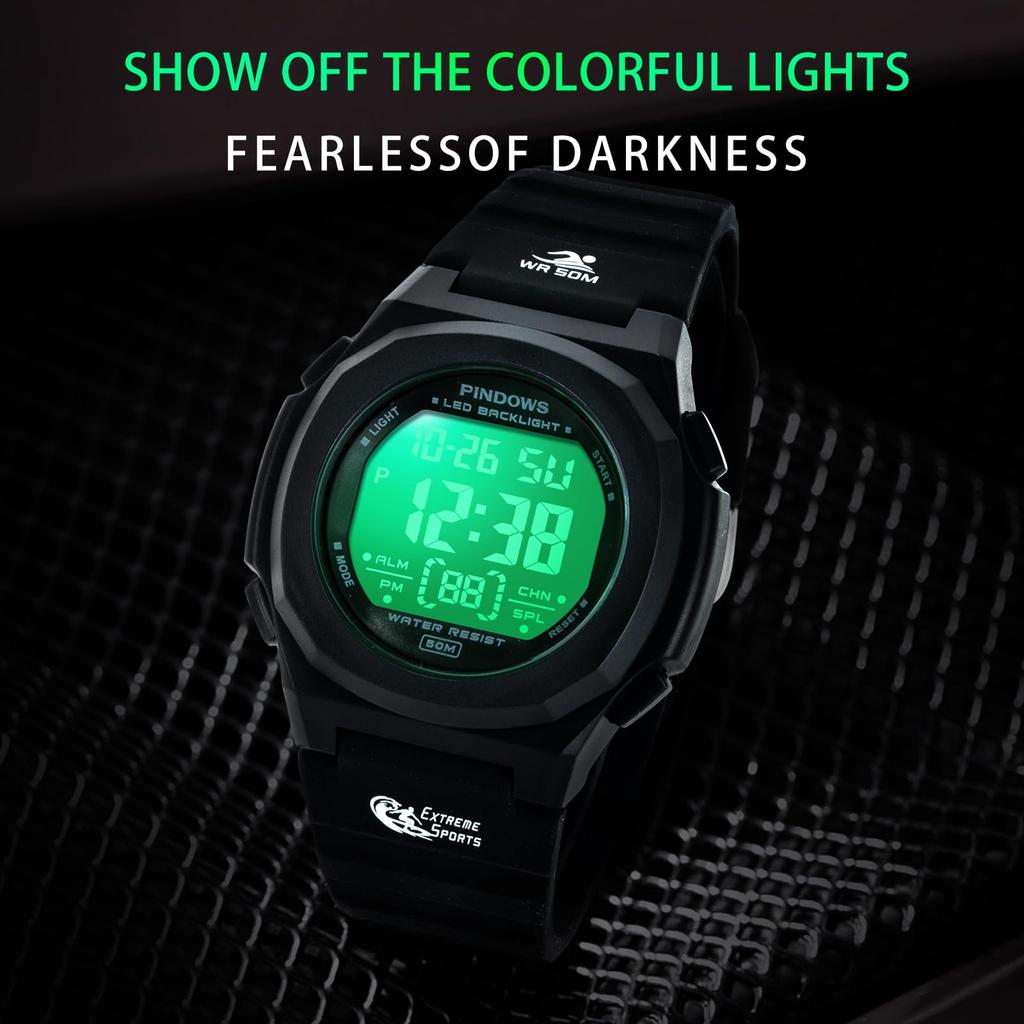 Die digitale Sportuhr von PINDOWS ist bis 50 Meter wasserdicht und verfügt über einen LED-Alarm und eine Hintergrundbeleuchtung, was sie zu einem perfekten Geschenk für jede Frau macht.