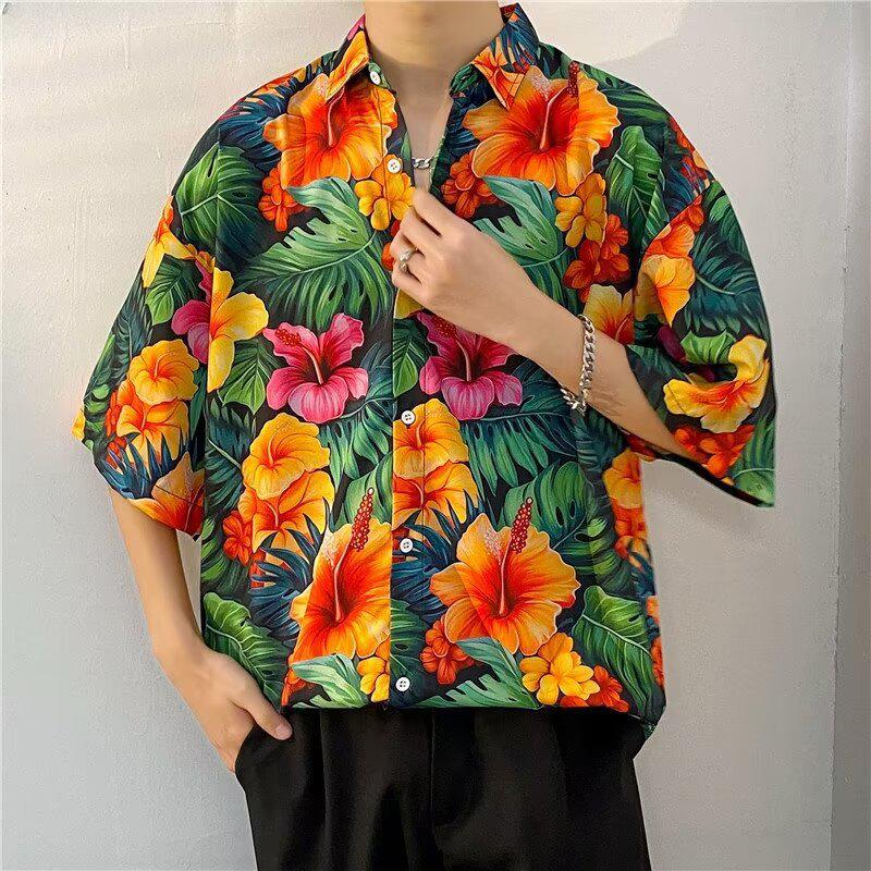 Herren Floral Retro Strandhemd - Kurzarm, Lockerer Schnitt, Trendiger Hongkong-Stil