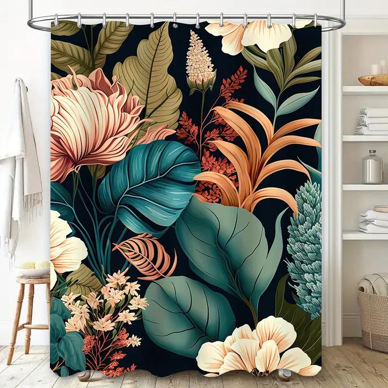 Floral Shower Curtain with Green Leaves Black Background Home Decoration Waterproof Fabric Bathroom Decorations for Bathrooms Si
