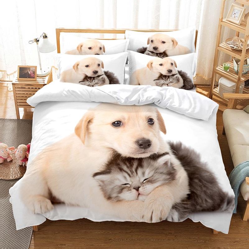 Cat and Dog Duvet Cover Set 3d Printing Cute Animal Theme Comforter Cover King Queen Size for Kid Boy Girl Polyester Bedding Set