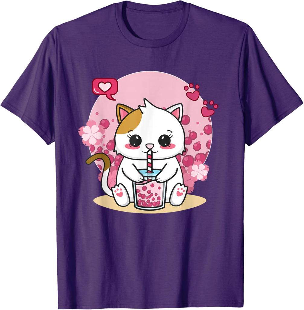Kawaii Cat Boba Tea Drink Lover Graphic Tee Cute Anime Neko Kitten T-Shirt Unisex Casual Trip