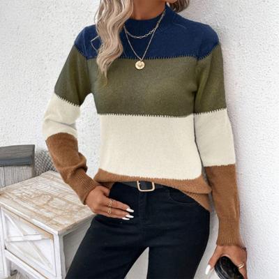 Women Knitting Tops Round Neck Long Sleeve Color Blocked Knitted Pullover Tops