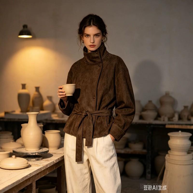 ZA Giacca da Donna Autunno 2026 in Ecopelle Scamosciata con Cintura Casual Collo a Stand Vestibilità Slim Capospalla