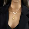 Titanium Steel Layered Pearl Necklace with Heart Pendants