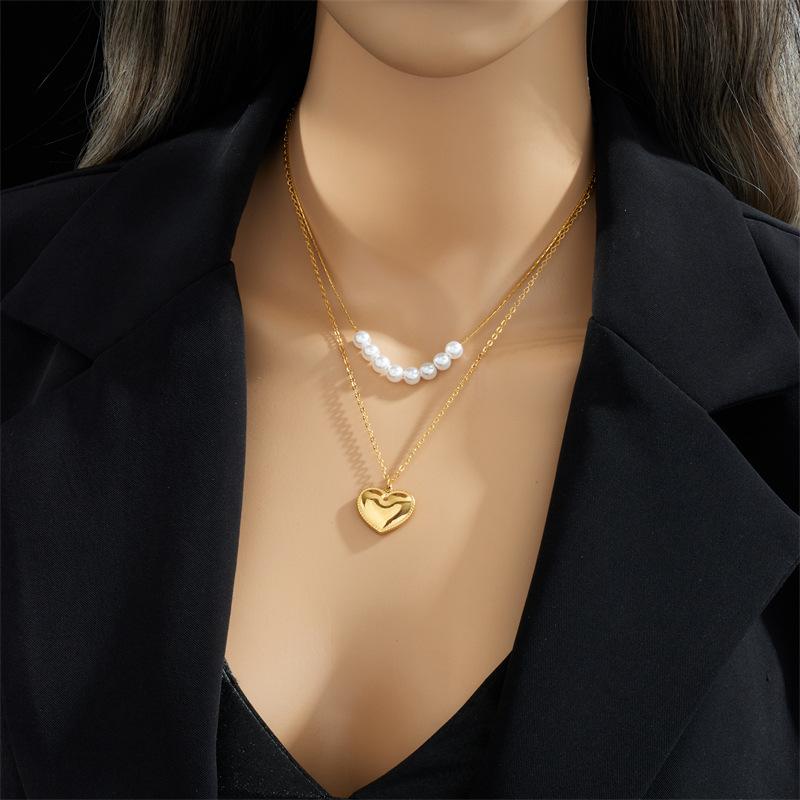 Titanium Steel Layered Pearl Necklace with Heart Pendants
