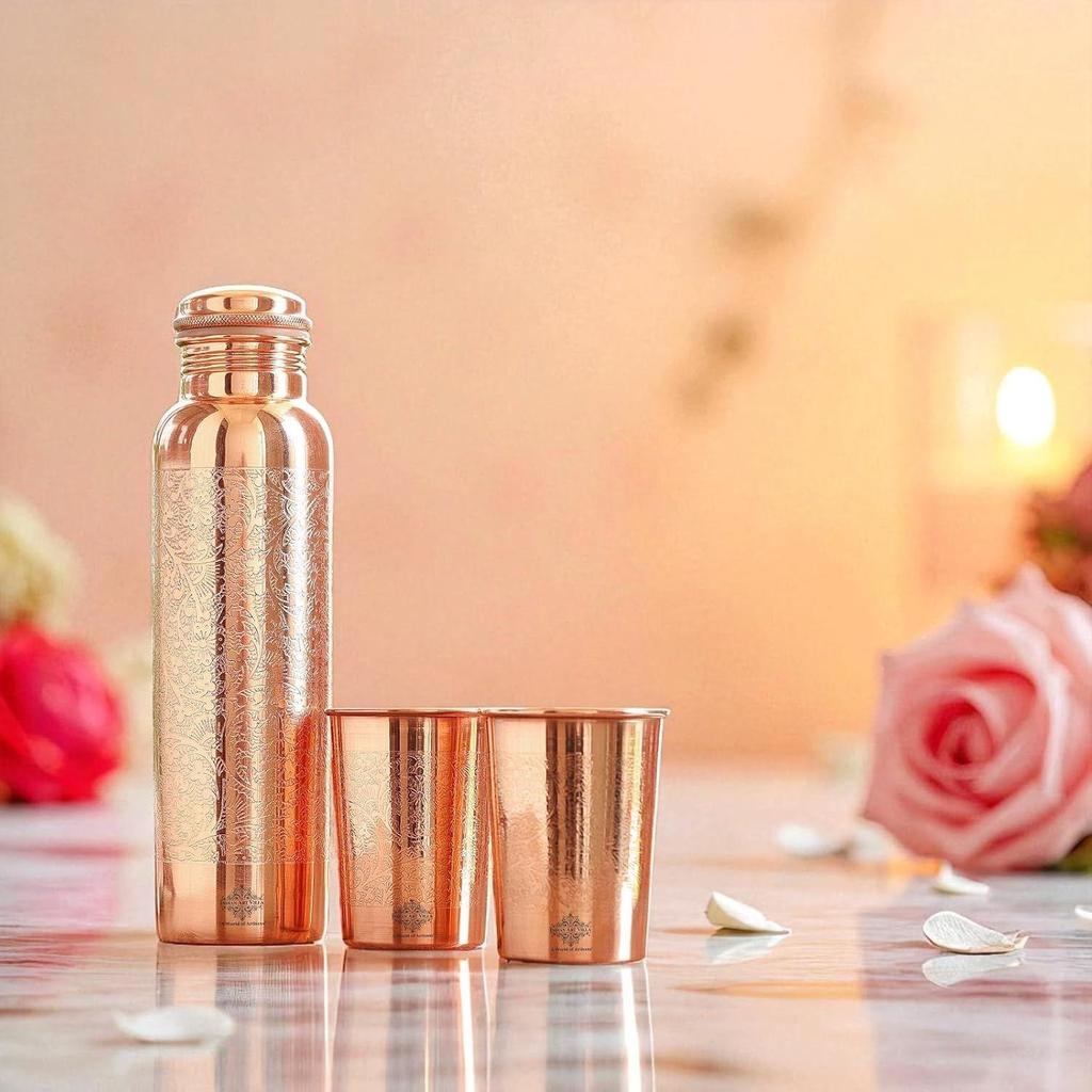 Pure Copper Drinkware Gift Set – Embossed Design with 1 Bottle (900 ML) & 2 Glasses (275 ML) In a Blue Box