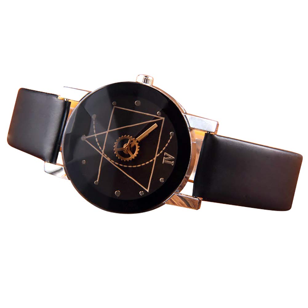 ZooooM Unique Gear Geometric Motif Design Watch with Quartz Movement and Faux Leather Band, Fashionable and Casual, Unisex (Women's Black)