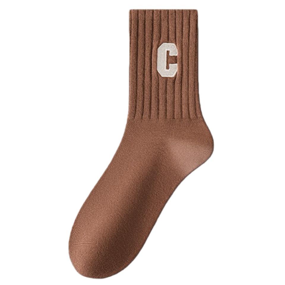 Women's Mid-calf Sweat-wicking Cotton Socks with Trendy Embroidered C Letter - Autumn/Winter Collection