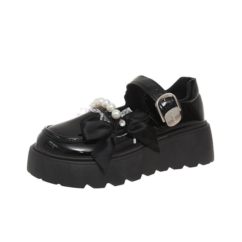 Fashion The 2025 autumn new lace pearl bow versatile round toe thick-soled one-line buckle shallow opening Mary Jane single shoe