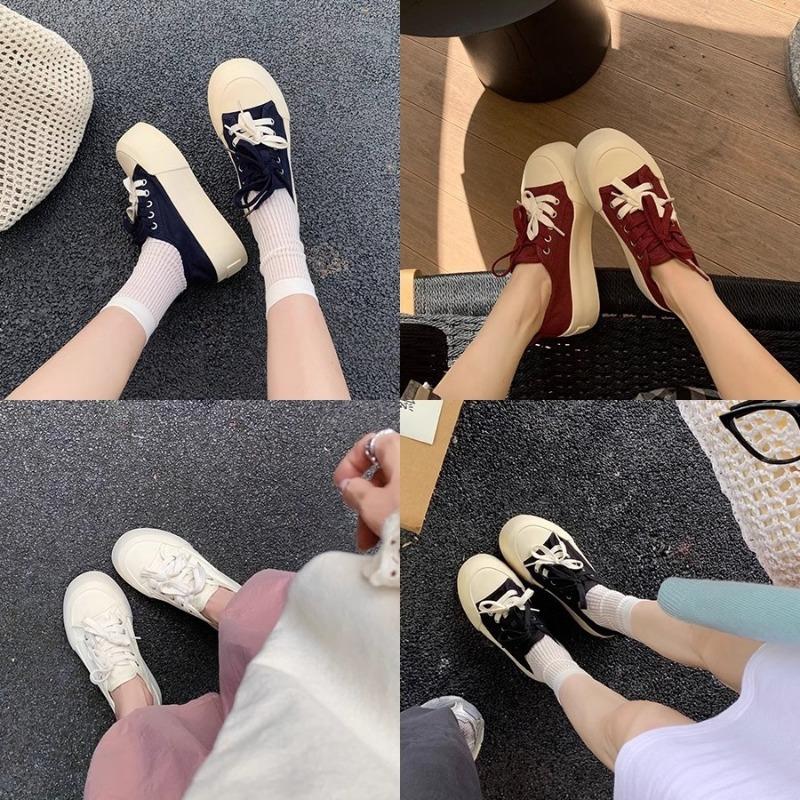 Casual style versatile contrasting color double lace-up round head heightening platform canvas shoes summer women