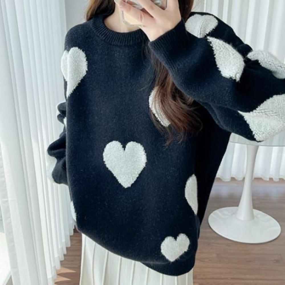 Navava Lovely Heart Round Neck Long Sleeve Knit Sweater Nk2435
