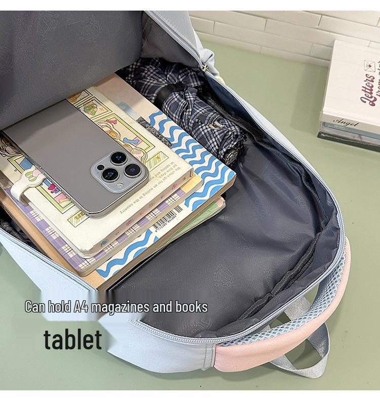 Cute Korean Style Color Block Backpack, Large Capacity for Junior & High School Girls, Laptop Compatible