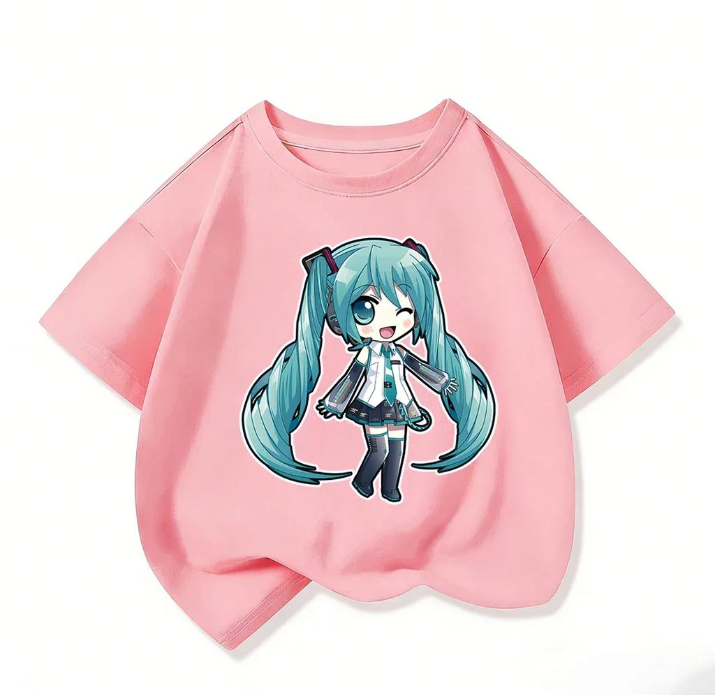 All Match Kids Short Sleeve T Shirt Pastel Anime Style Hatsune Miku Character Print Casual Wear 3 14 Years