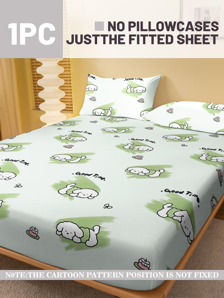 1 Cartoon Cute Animal Dog Printed Matte Fitted Sheet, Bedroom Printed Bed Cover, Bedding (Excluding Pillowcases)
