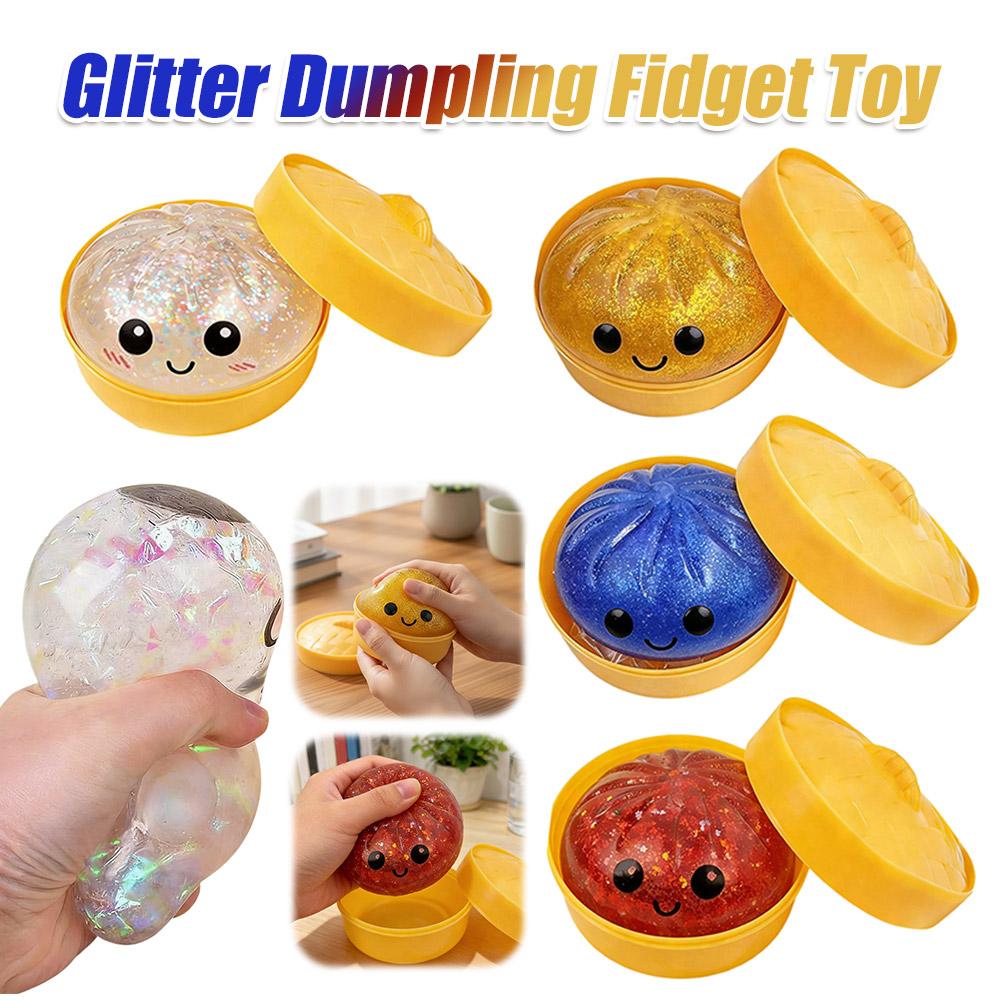 Glitter Bun with Food Steamer Stretchy Desk Toys Squeeze Dough Ball Soft Dumpling Bun Simulation Fidget Toy for Kids Adults