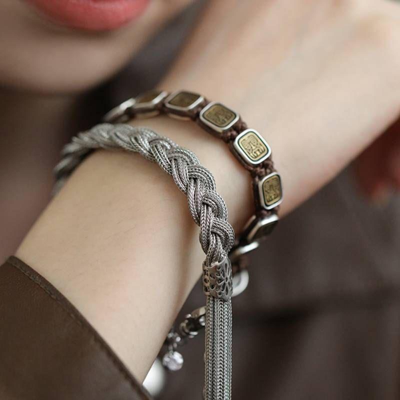 

Серебро 925 пробы Ретро Новый китайский стиль Сейко Бронза Зачилэм Плетеный веревочный браслет Наручный шнурок Тибетский этнический стиль Фэнтези 21cm (suitable for 17.5-18.5cm hand circumference)