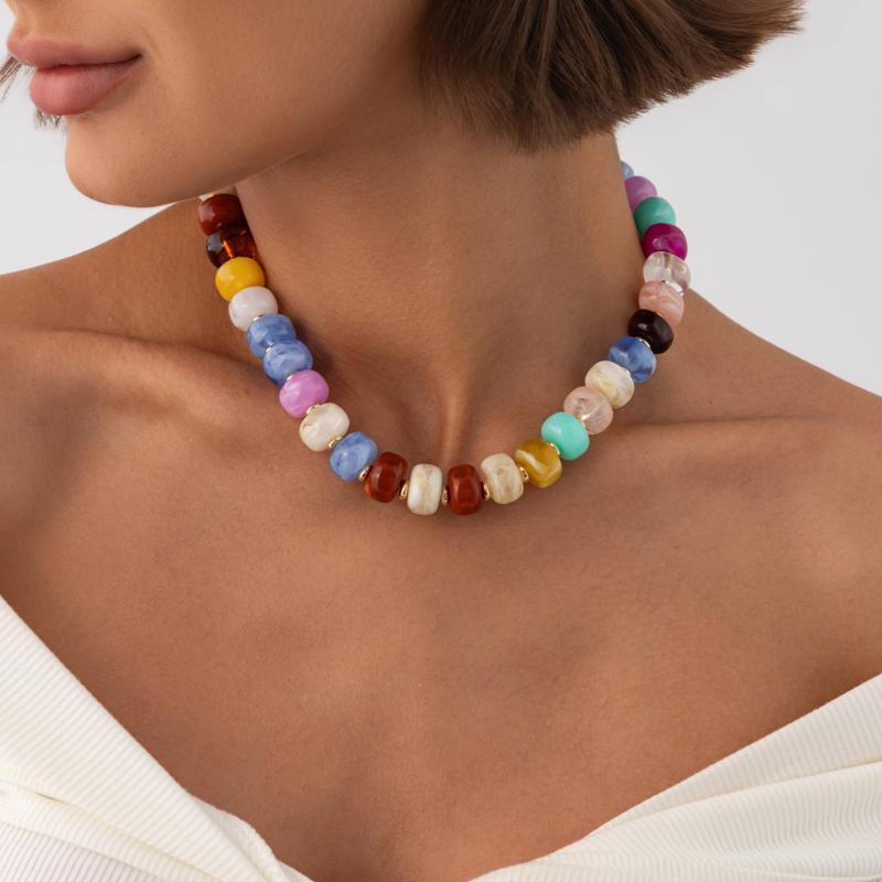 Trendy Y2K Aesthetic Smudge Resin Bead Chain Necklace Lightweight for Women Summer Beach Wear Jewelry Gift