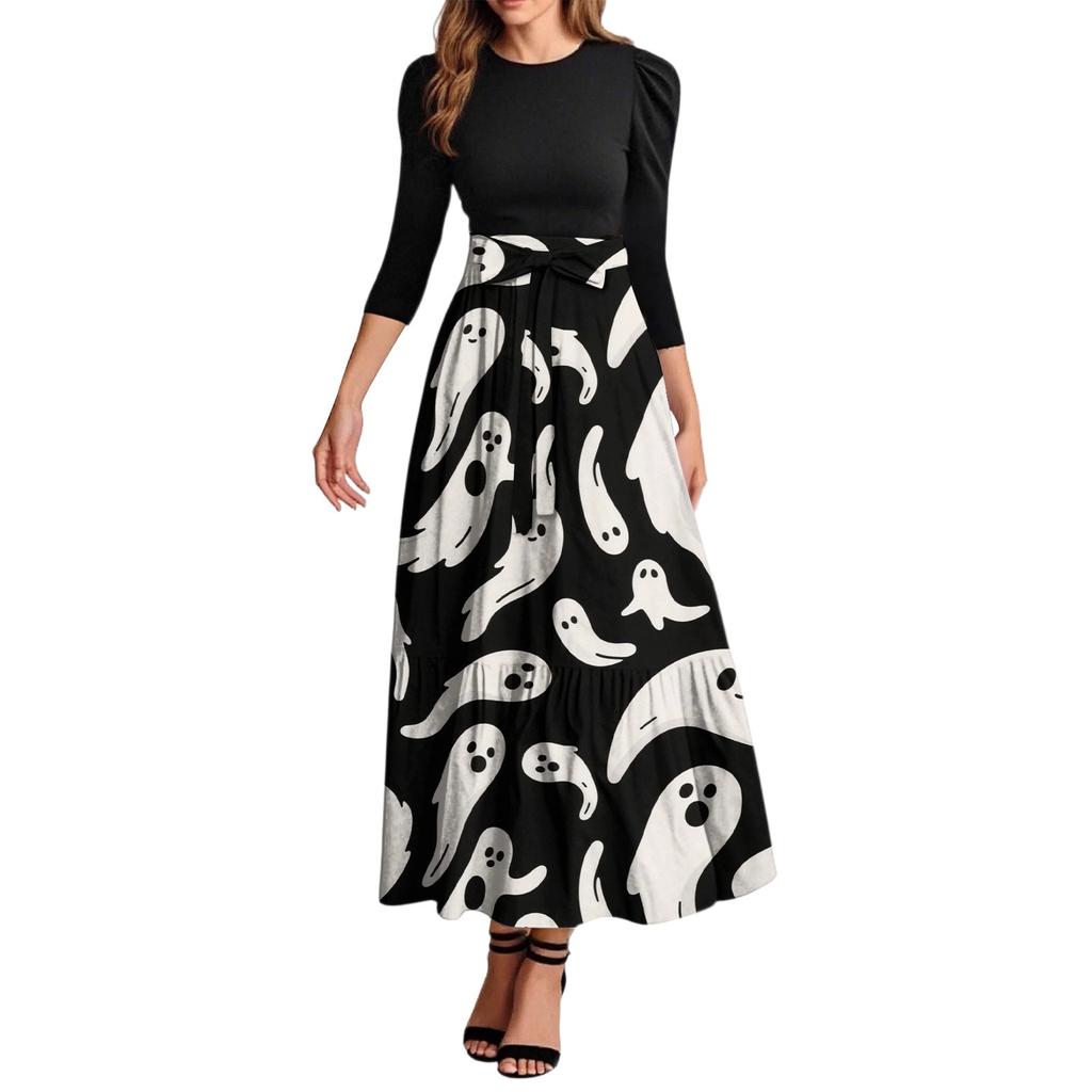 Damska Moda Casual Sukienki z Rękawem Trzy Czwarte, Okrągłym Dekoltem, z Paskiem, Eleganckie, z Temperamentem, z Nadrukiem Halloween