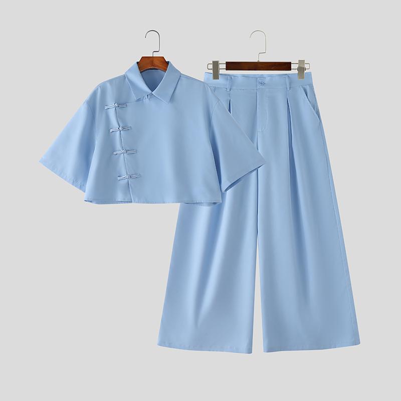 INCERUN Two Pieces Summer Men Lapel Neck Short Sleeve Cropped Tops and Pants Sets