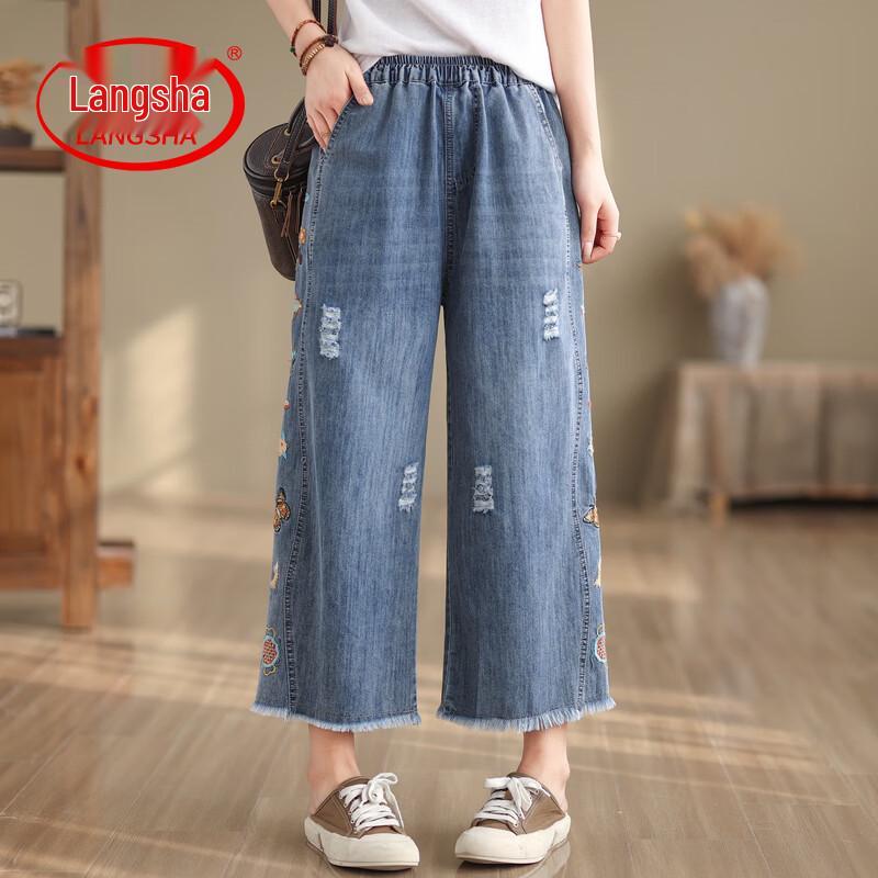 

LangSha Women s Ethnic Embroidered Patchwork Cropped Wide-Leg Denim Jeans M