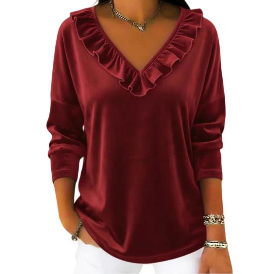 Women Tops V Neck Long Sleeve Ruffle Neckline Pullover Tops Solid Color Loose Fit Velvet Blouse Work Party Date Wear