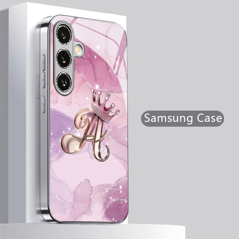 2D Crown Letter Pattern Phone Case for Samsung S26 S25 S24 S23 S22 S21 S20 A56 A36 A16 - Electroplated Glass Protective Cover